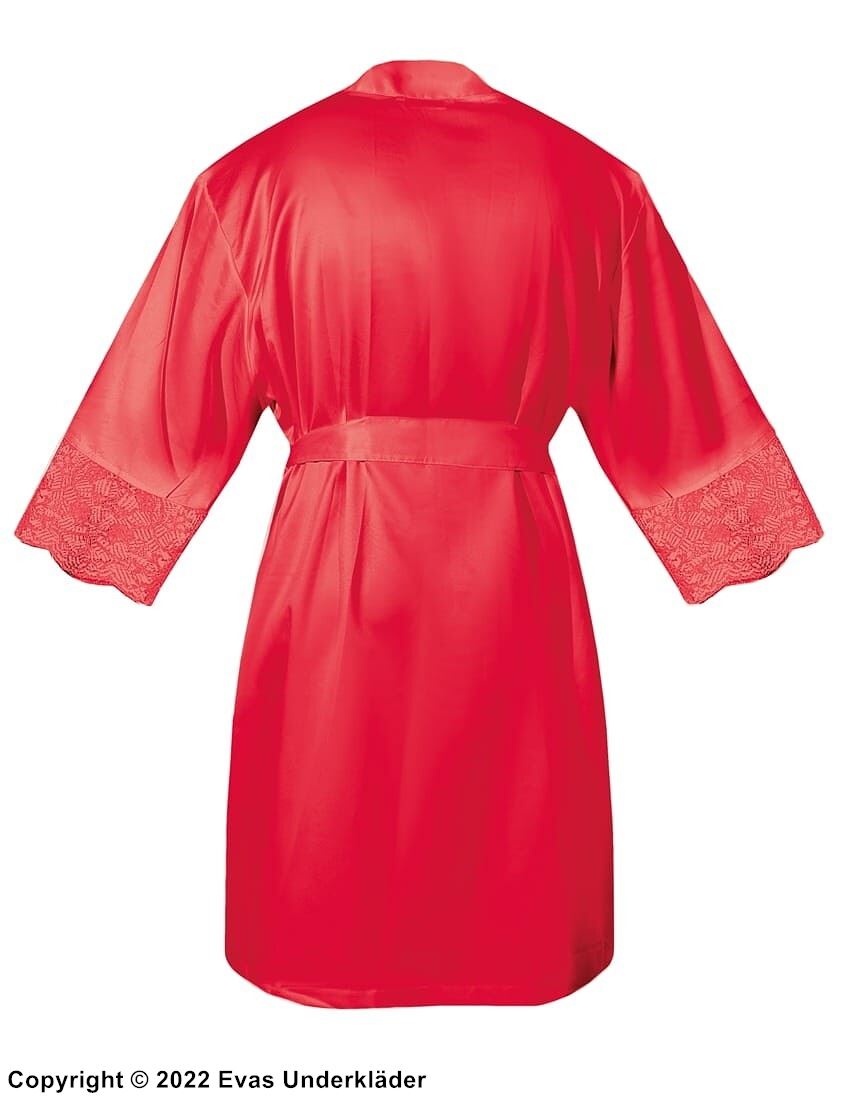 Lounge robe, satin, wide lace edge, 3/4 length sleeves